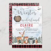 プレイドウィンターオンダーランドウッドランドアニマルズ誕生日 招待状 (正面/裏面)