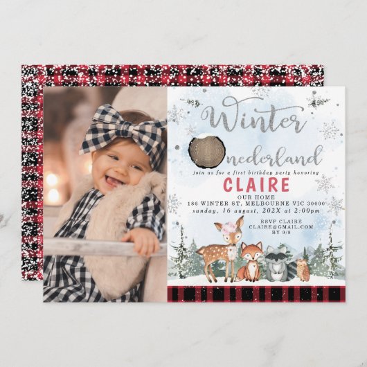 プレイドウィンターワンダーランドウッドランドアニマルズ誕生日 招待状 (正面/裏面)