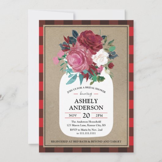 プレイドカントリーメイソンジャーブライダルシャワー招待 招待状 (正面)