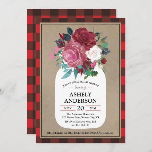 プレイドカントリーメイソンジャーブライダルシャワー招待 招待状 (正面/裏面)