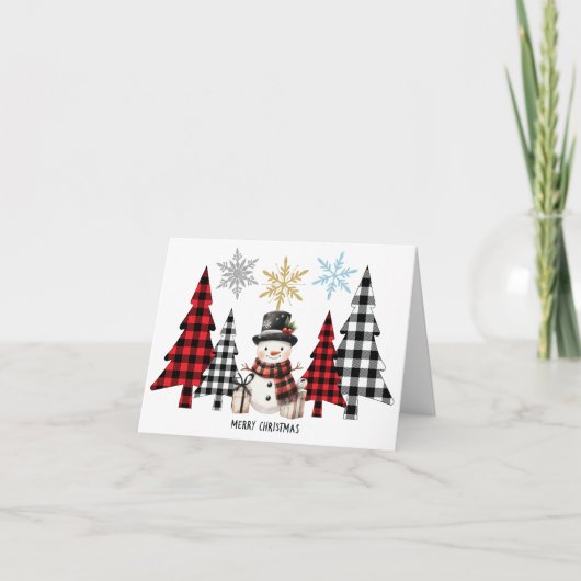 プレイドクリスマスツリー雪だるま – メリークリスマス カード (正面)