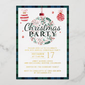 プレイドクリスマス素朴パーティーキャンベルタータンチェック金ゴールド 箔招待状 (正面)