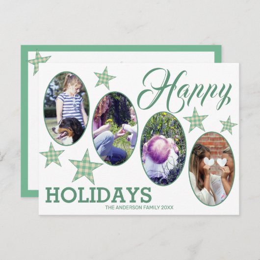 プレイドグリーンクリームスター4フォトハッピーホリデー ポストカード (正面/裏面)