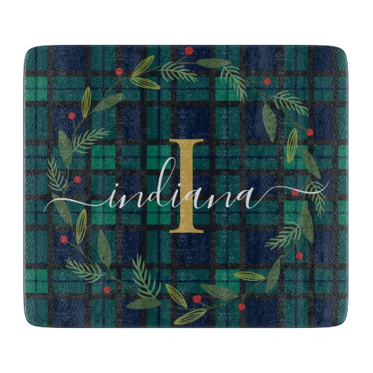 プレイドスクリプトモノグラムボタニカルリースタータンチェック カッティングボード (正面)