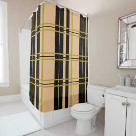 プレイドストライプのブラックとバラ金ゴールド シャワーカーテン