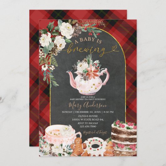 プレイドティーパーティーベビーは冬の赤ちゃんシャワーを醸造している 招待状 (正面/裏面)