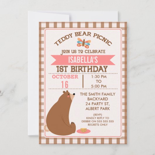 プレイドテディベアピクニック1st誕生日招待状 招待状 (正面)