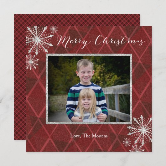 プレイドディモンドスノーフレークメリークリスマスフォトカード シーズンカード (正面/裏面)