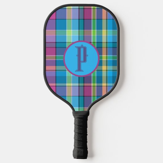 プレイドパープルグリーンイエローターコイズ パーソナライズされた ピックルボールラケット (裏面)