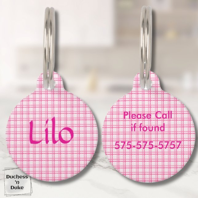 プレイドピンク＆ホワイトパターン ペット　ネームタグ (Plaid Pink and White Pattern Pet ID Tag)