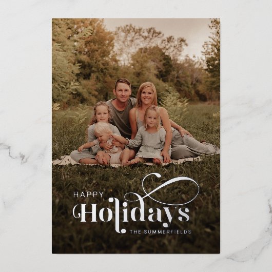 プレイドファミリーフォトスノーフレークスクリスマスシルバー 箔シーズンカード (正面)