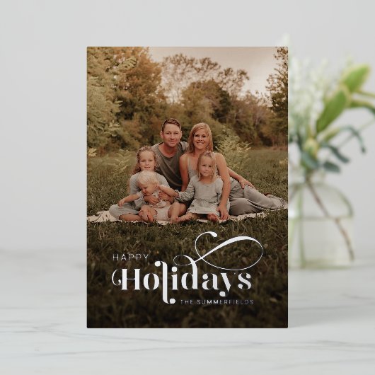 プレイドファミリーフォトスノーフレークスクリスマスシルバー 箔シーズンカード (立ち正面)