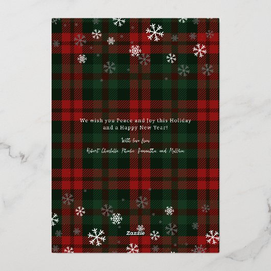 プレイドファミリーフォトスノーフレークスクリスマスシルバー 箔シーズンカード (裏面)