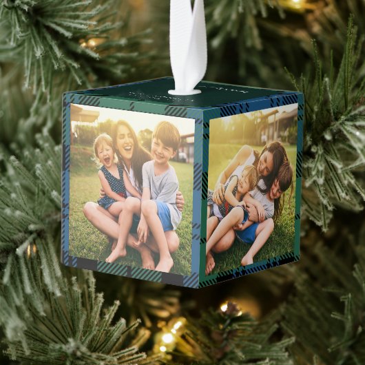 プレイドファミリー写真クリスマスキャンプベルタータンチェック キューブオーナメント (ツリー)