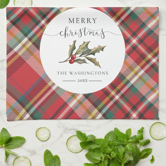 プレイドファームハウスレッドチェックメリー素朴クリスマス キッチンタオル (折り畳み)