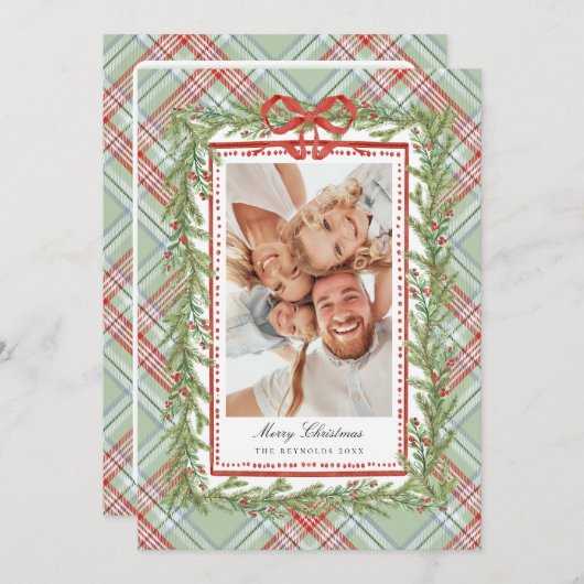 プレイドボウファミリーフォトクリスマスホリデー シーズンカード (正面/裏面)