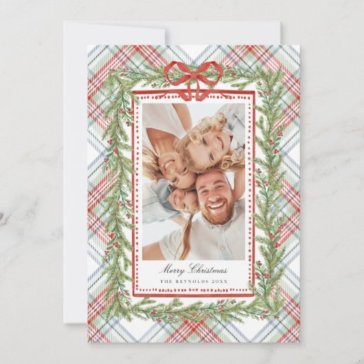 プレイドボウファミリーフォトクリスマスホリデー シーズンカード (正面)