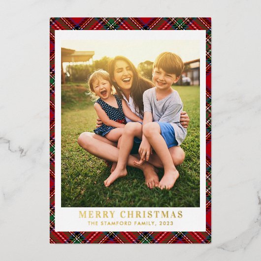 プレイドメリークリスマスフォトスススススススチュワートタータンチェック金ゴールド 箔シーズンカード (正面)