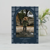 プレイドモダンネイビー&シルバーフォイルホリデーカード 箔シーズンカード (立ち正面)