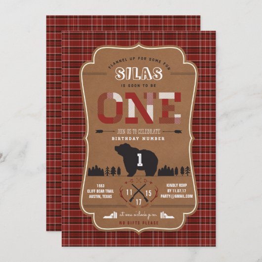 プレイドランバージャックファーストバースデーパーティ招待状 招待状 (正面/裏面)