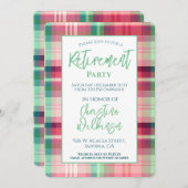 プレイドリタイオメントパーティーピンクグリーンタータンチェック 招待状 (正面/裏面)