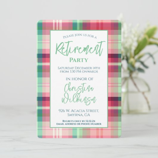 プレイドリタイオメントパーティーピンクグリーンタータンチェック 招待状 (スタンド正面)