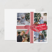 プレイドリボンとボウの4枚写真コラージュ クリスマスホ シーズンカード (正面/裏面)