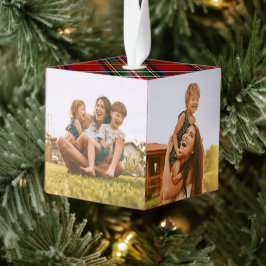 プレイドレッドグリーンファミリー写真スチュワートタータンチェック キューブオーナメント