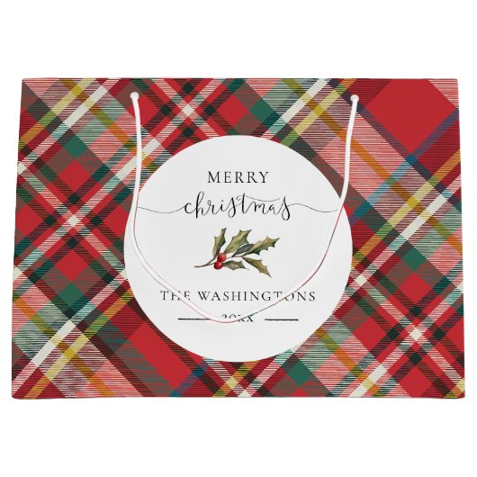 プレイドレッドチェック素朴メリークリスマスファームハウス ラージペーパーバッグ (正面)