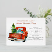 プレイドレッドトラック素朴クリスマスパーティーバラ金ゴールド 箔招待状 (立ち正面)