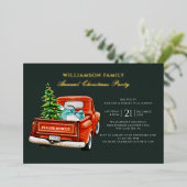 プレイドレッドトラック素朴クリスマスパーティー金ゴールド 箔招待状 (立ち正面)