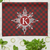 プレイド上のモノグラムのスノーフレーク キッチンタオル (折り畳み)