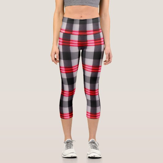 プレイド人気がある抽象芸術レッドブラックプレイドコレクション カプリレギンス (正面)