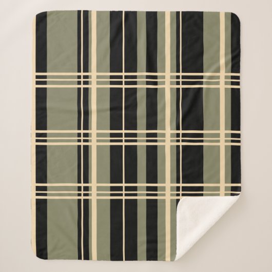 プレイド伝統的ブラック、バタークリーム、セージ緑 シェルパブランケット (正面)