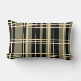 プレイド伝統的ブラック、バタークリーム、セージ緑 ランバークッション