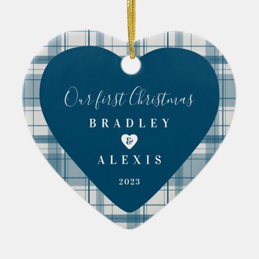 プレイド初めてのクリスマス結婚したの青い写真 セラミックオーナメント (正面)