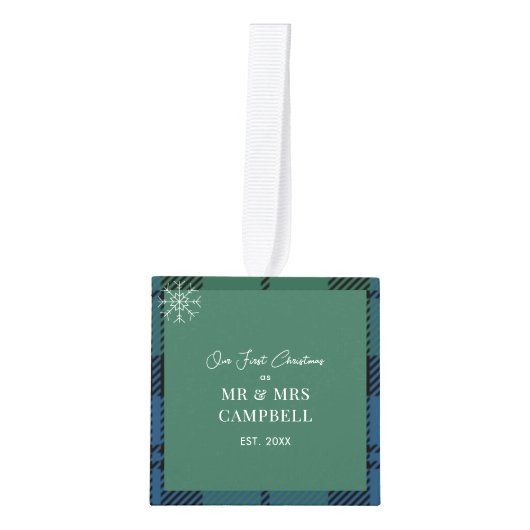 プレイド初めてのクリスマス結婚したキャンベルタータンチェック キューブオーナメント (正面)