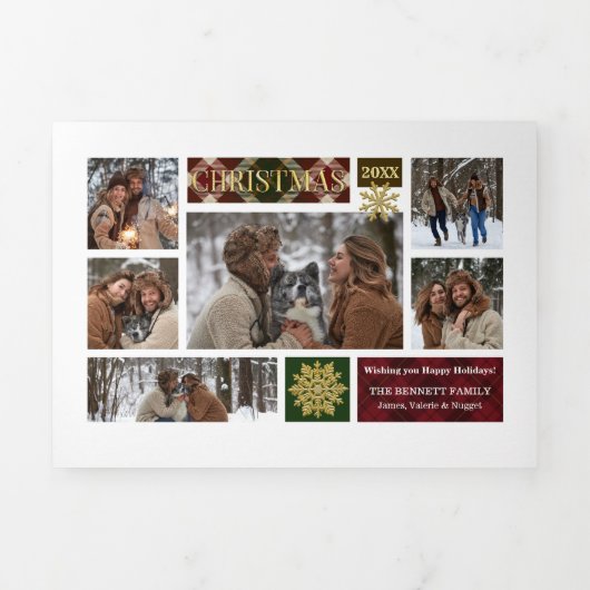 プレイド素朴と金ゴールドの雪数々の片 – 写真 三つ折りクリスマスカード (カバー)