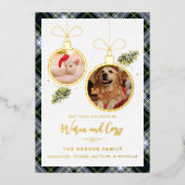 プレイド素朴クリスマス2ペット写真タータンチェック金ゴールド 箔シーズンカード (正面)