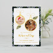 プレイド素朴クリスマス2ペット写真タータンチェック金ゴールド 箔シーズンカード (立ち正面)