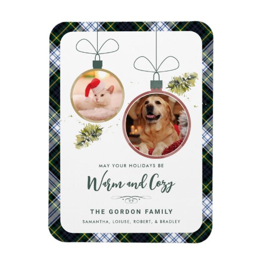 プレイド素朴ファミリークリスマス2ペットの写真タータンチェック マグネット (縦)