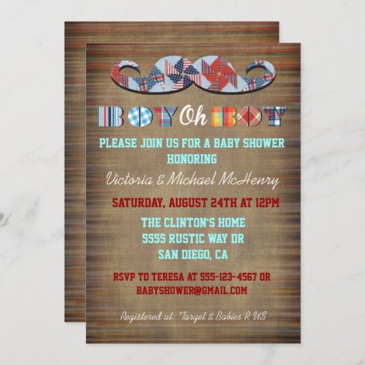 プレイド素朴ムスタッシュ男の赤ちゃんベビーシャワー招待状 招待状 (正面/裏面)