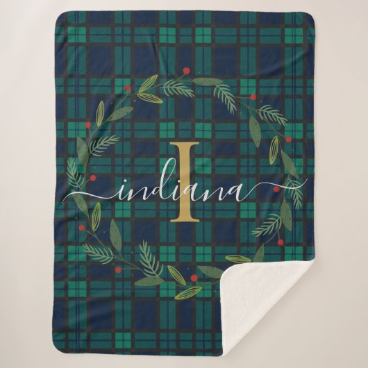 プレイド素朴モノグラムクリスマスリースタータンチェック シェルパブランケット (正面)