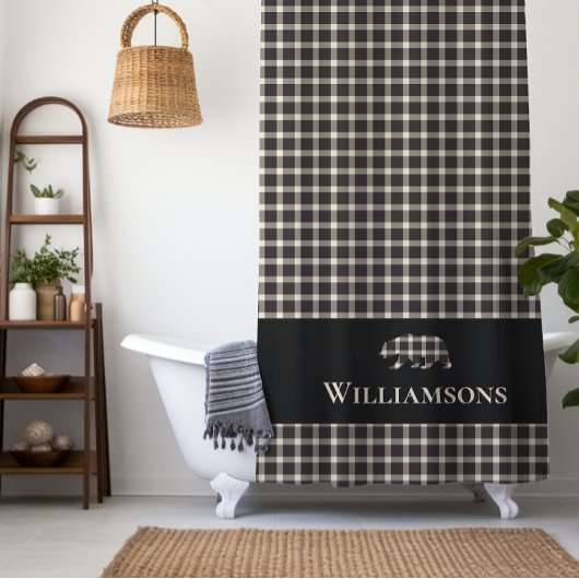 プレイド素朴モノグラムベア |クリームホワイトブラック シャワーカーテン