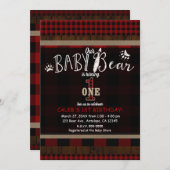プレイド素朴レッドベビーベア1日1歳の誕生日パーティー 招待状 (正面/裏面)