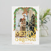 プレイド オレンジ リボン フォト ゴールド フォイル メリー クリスマス 箔招待状 (立ち正面)