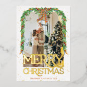 プレイド オレンジ リボン 写真 ゴールド フォイル メリー クリスマス 箔招待状 (正面)