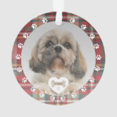 プレイド レッド チェック シー・ズー 犬 ペット 写真 クリスマス オーナメント (裏面)