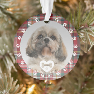 プレイド 赤 チェック シー・ズー 犬 ペット 写真 クリスマス オーナメント