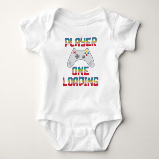 プレイヤー1ローディングゲーマーをテーマにした父の日の白 ベビーボディスーツ (正面)